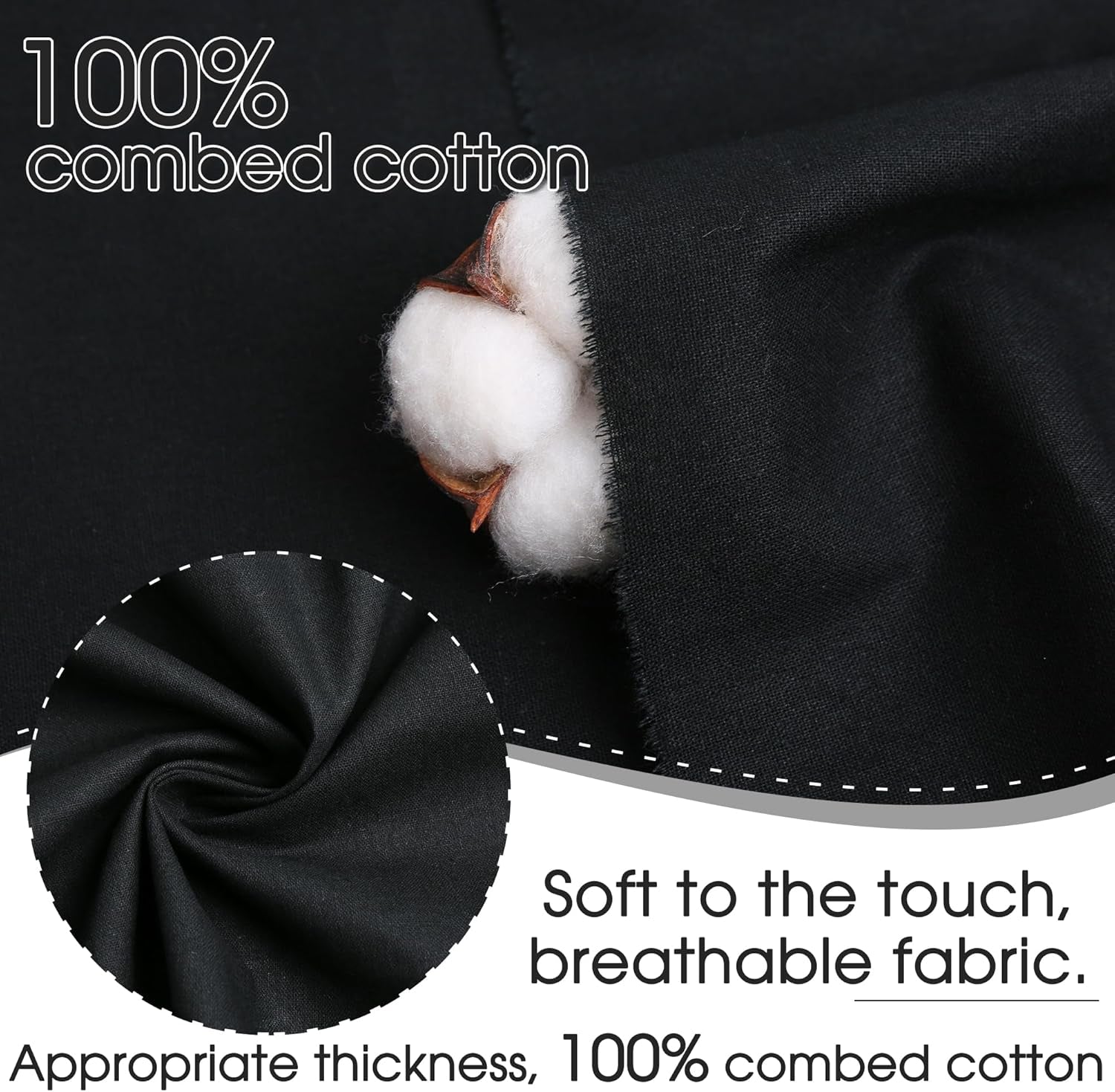 Black Cotton Fabric, Natural 100% Cotton Poplin Fabric by the Yard 59 Inches Wide Lining Fabric for Sewing Apparel Cloth Soft Embroidery Quilting, 1 Yard