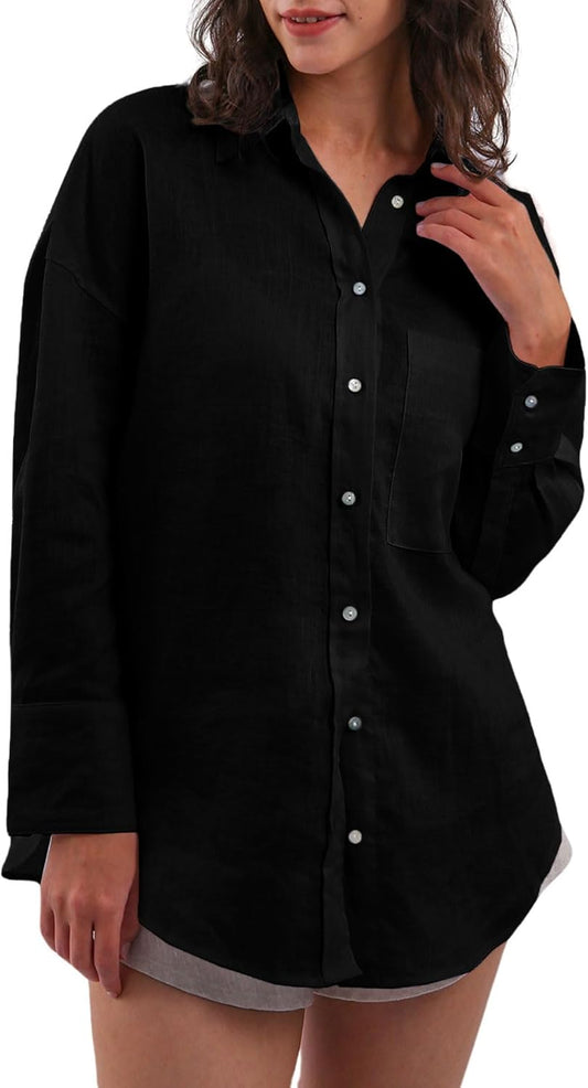 Women'S 100% Linen Summer Long Sleeve Button-Down Shirt with Pockets