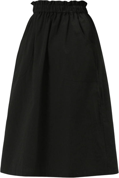 Women'S Cotton A-Line Skirt Elastic Waist Casual Peasant Midi Skirts with Pockets