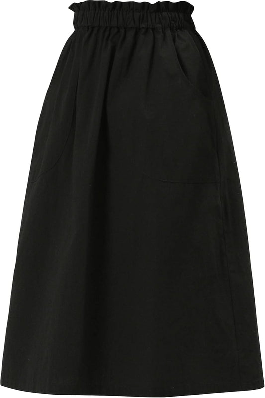 Women'S Cotton A-Line Skirt Elastic Waist Casual Peasant Midi Skirts with Pockets