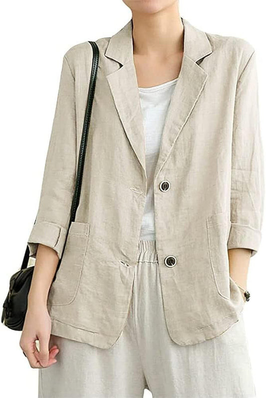 Cotton Linen Blazer for Womens Long Sleeve Loose Casual Blazer Jackets