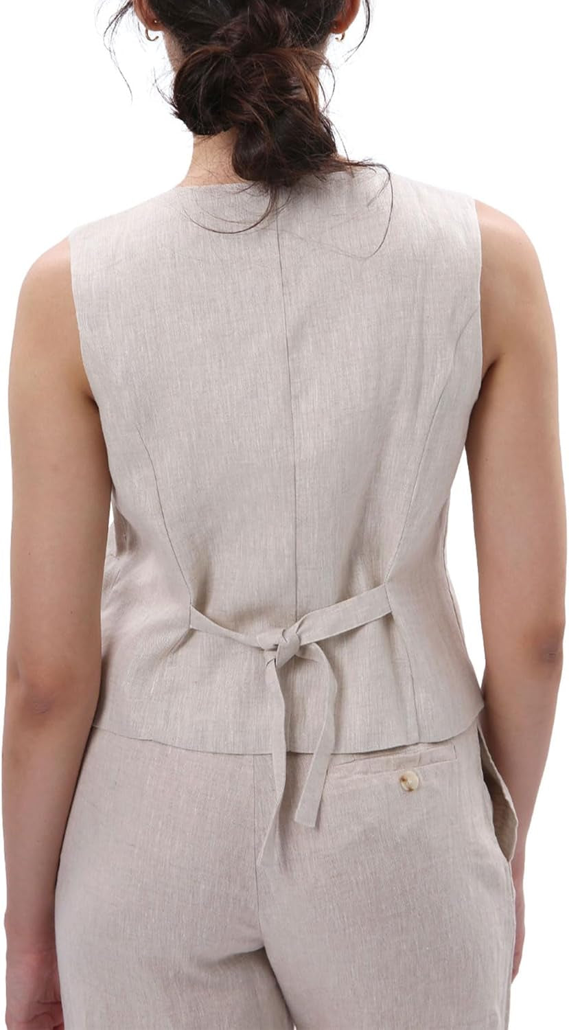 Women'S 100% Linen Sleeveless Button down Crop Top Tie Back Waistcoat Vest
