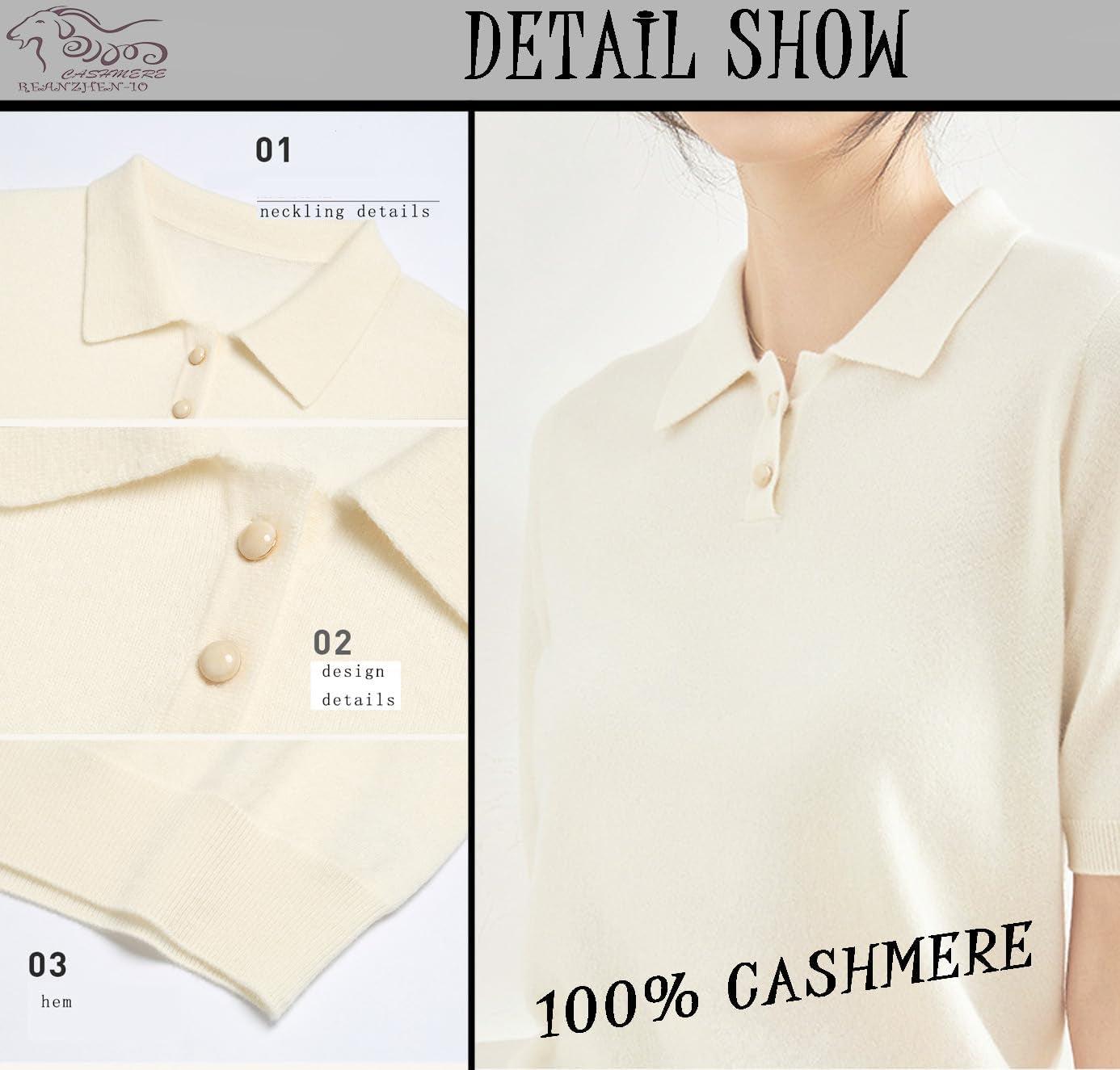 Cashmere Essential Polo Sweater 100% Pure Cashmere Short Sleeve Pullover for Women (White,Xl)