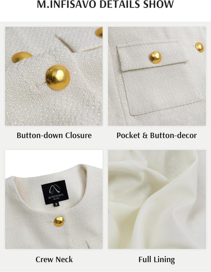 2025 Women Tweed Jacket Cropped Blazers Spring Summer Elegant round Neck Pockets Business Casual Outfit