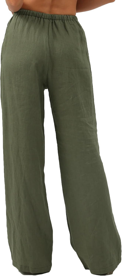 Womens Pure Linen Summer Drawstring Flowy Wide Leg Pants with Pockets