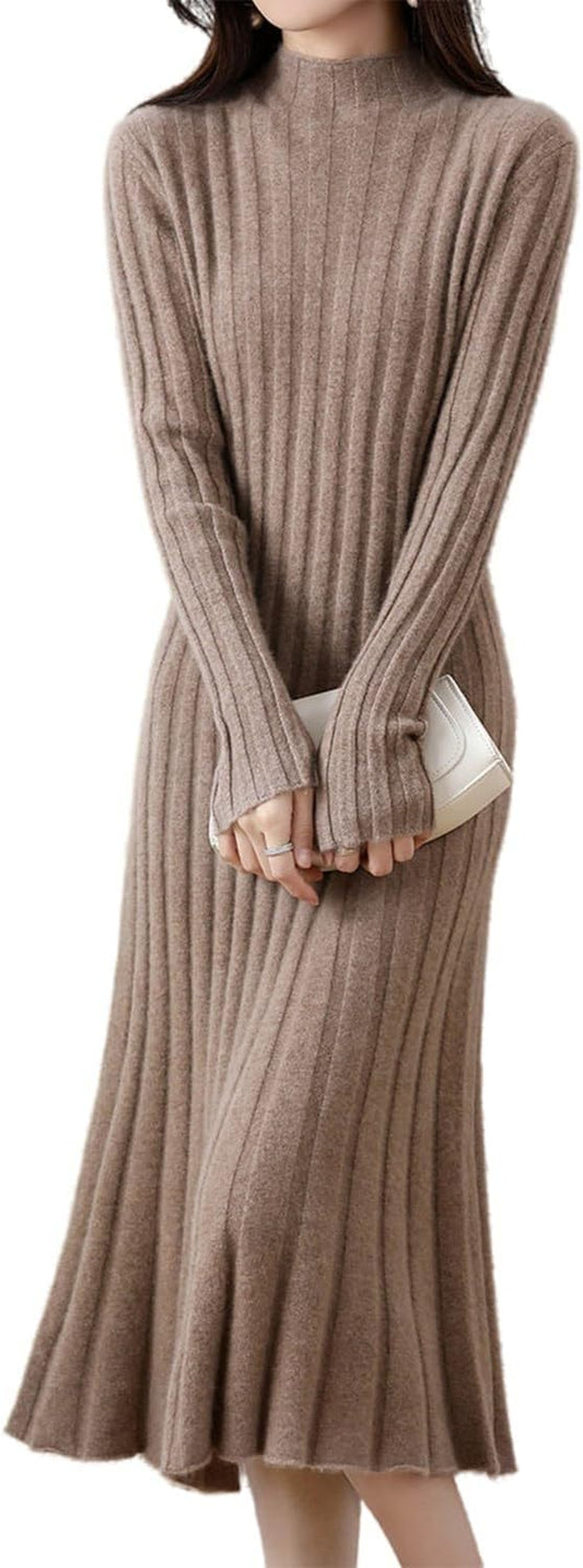 100% Wool Sweater Dress Women'S Mock Neck Pit Strips Slim V-Neck Long Sleeve Pullover A-Line Knitted Dress