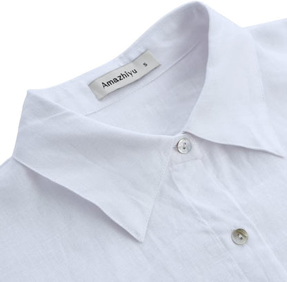 Womens Pure Linen Button down Shirt Long Sleeve Business Causal Collared Blouse